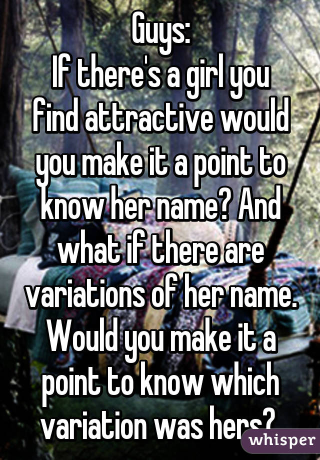 Guys:
If there's a girl you find attractive would you make it a point to know her name? And what if there are variations of her name. Would you make it a point to know which variation was hers? 