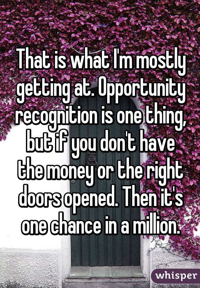 That is what I'm mostly getting at. Opportunity recognition is one thing, but if you don't have the money or the right doors opened. Then it's one chance in a million.