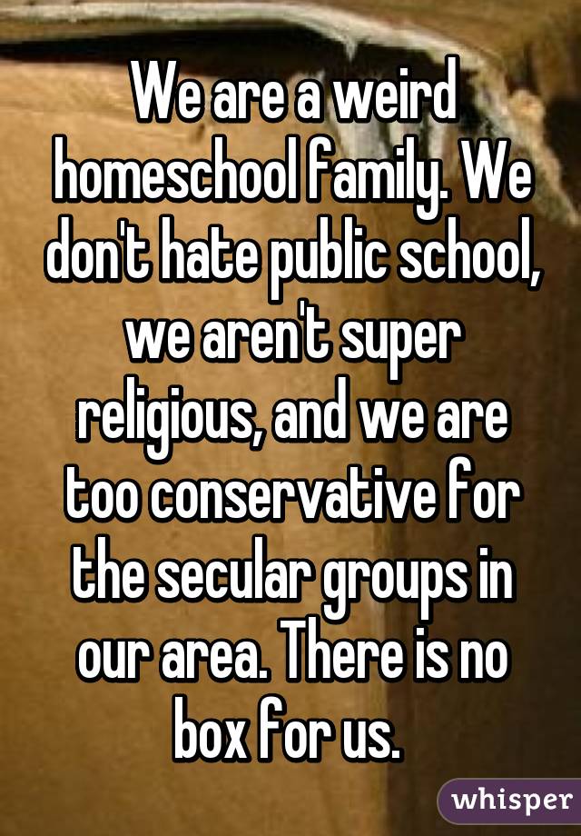 We are a weird homeschool family. We don't hate public school, we aren't super religious, and we are too conservative for the secular groups in our area. There is no box for us. 