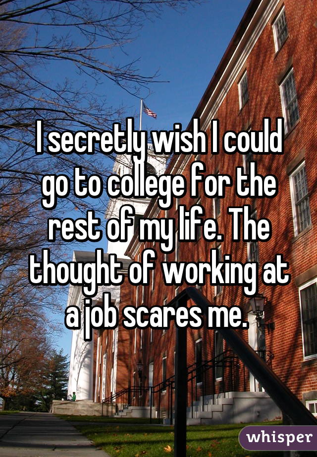 I secretly wish I could go to college for the rest of my life. The thought of working at a job scares me. 