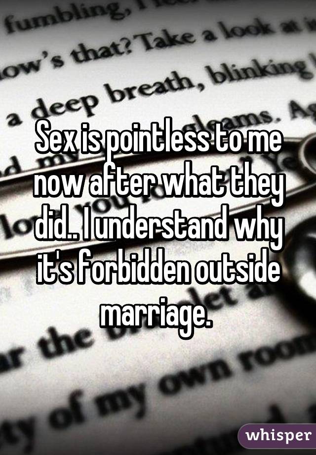 Sex is pointless to me now after what they did.. I understand why it's forbidden outside marriage. 