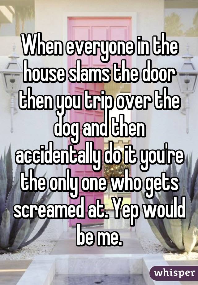 When everyone in the house slams the door then you trip over the dog and then accidentally do it you're the only one who gets screamed at. Yep would be me.