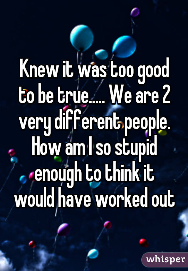 Knew it was too good to be true..... We are 2 very different people. How am I so stupid enough to think it would have worked out