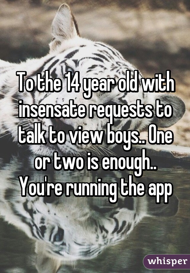 To the 14 year old with insensate requests to talk to view boys.. One or two is enough.. You're running the app