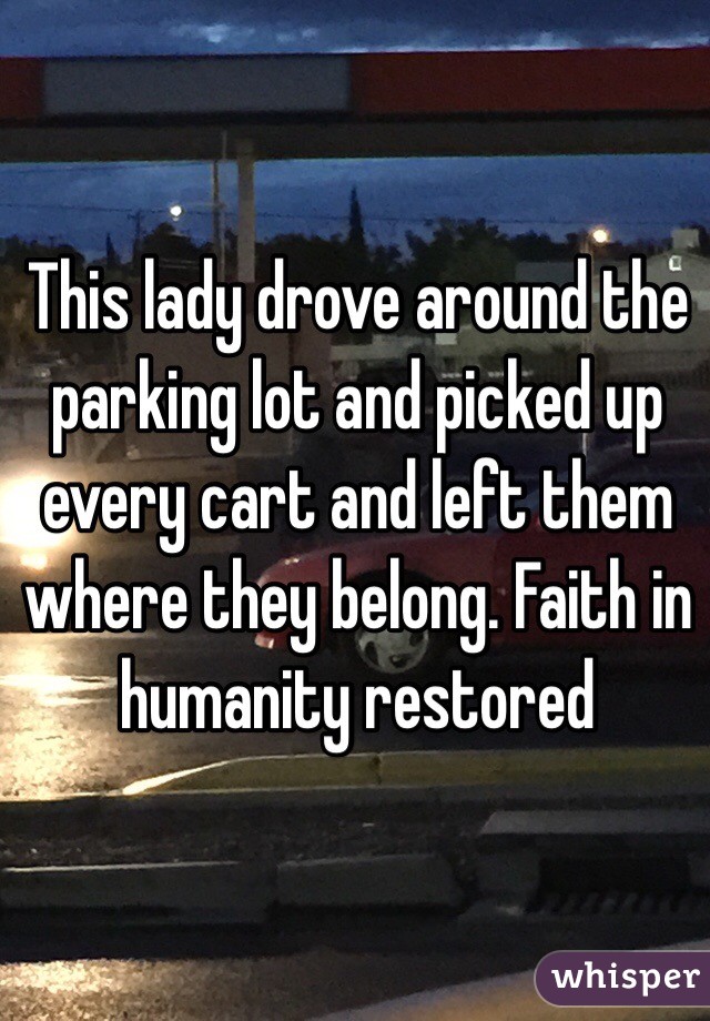 This lady drove around the parking lot and picked up every cart and left them where they belong. Faith in humanity restored 