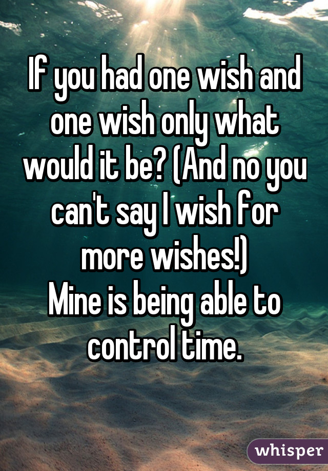 If you had one wish and one wish only what would it be? (And no you can't say I wish for more wishes!)
Mine is being able to control time.
