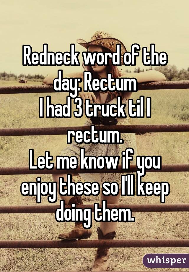 Redneck word of the day: Rectum
I had 3 truck til I rectum.
Let me know if you enjoy these so I'll keep doing them.