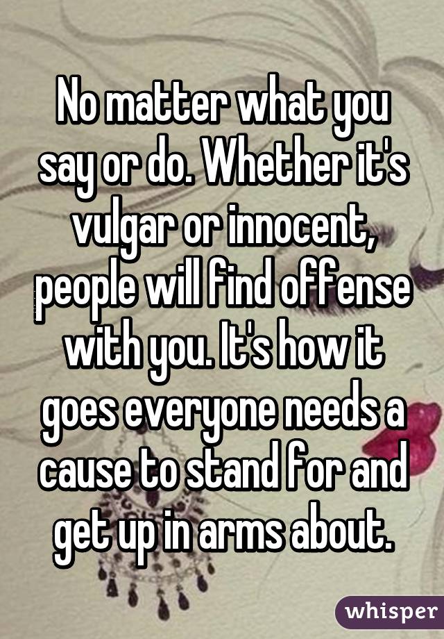 No matter what you say or do. Whether it's vulgar or innocent, people will find offense with you. It's how it goes everyone needs a cause to stand for and get up in arms about.