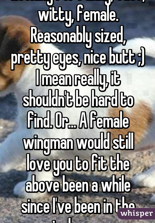 Looking for funny, cute, witty, female. Reasonably sized, pretty eyes, nice butt ;) I mean really, it shouldn't be hard to find. Or... A female wingman would still love you to fit the above been a while since I've been in the single game