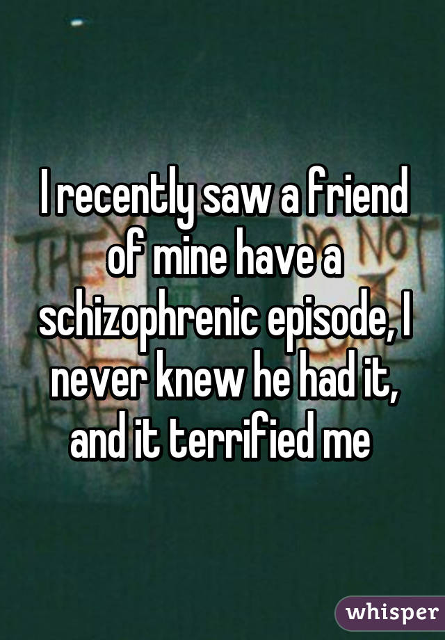 I recently saw a friend of mine have a schizophrenic episode, I never knew he had it, and it terrified me 