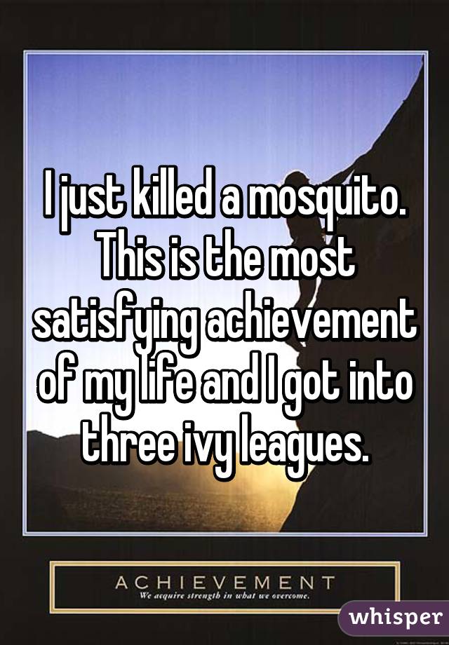 I just killed a mosquito. This is the most satisfying achievement of my life and I got into three ivy leagues.