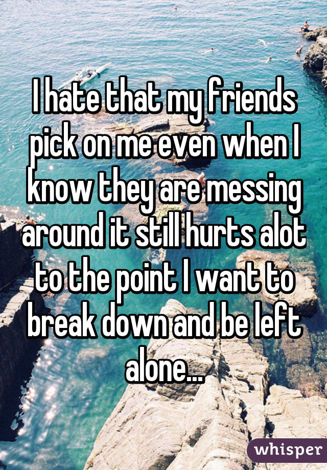 I hate that my friends pick on me even when I know they are messing around it still hurts alot to the point I want to break down and be left alone...