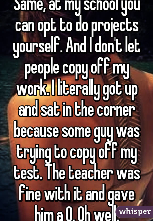 Same, at my school you can opt to do projects yourself. And I don't let people copy off my work. I literally got up and sat in the corner because some guy was trying to copy off my test. The teacher was fine with it and gave him a 0. Oh well.