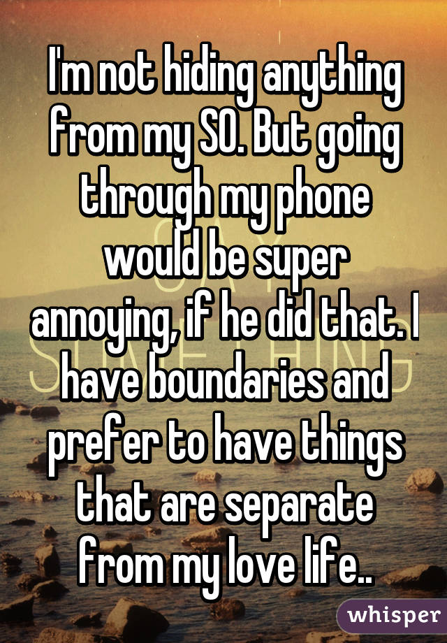 I'm not hiding anything from my SO. But going through my phone would be super annoying, if he did that. I have boundaries and prefer to have things that are separate from my love life..