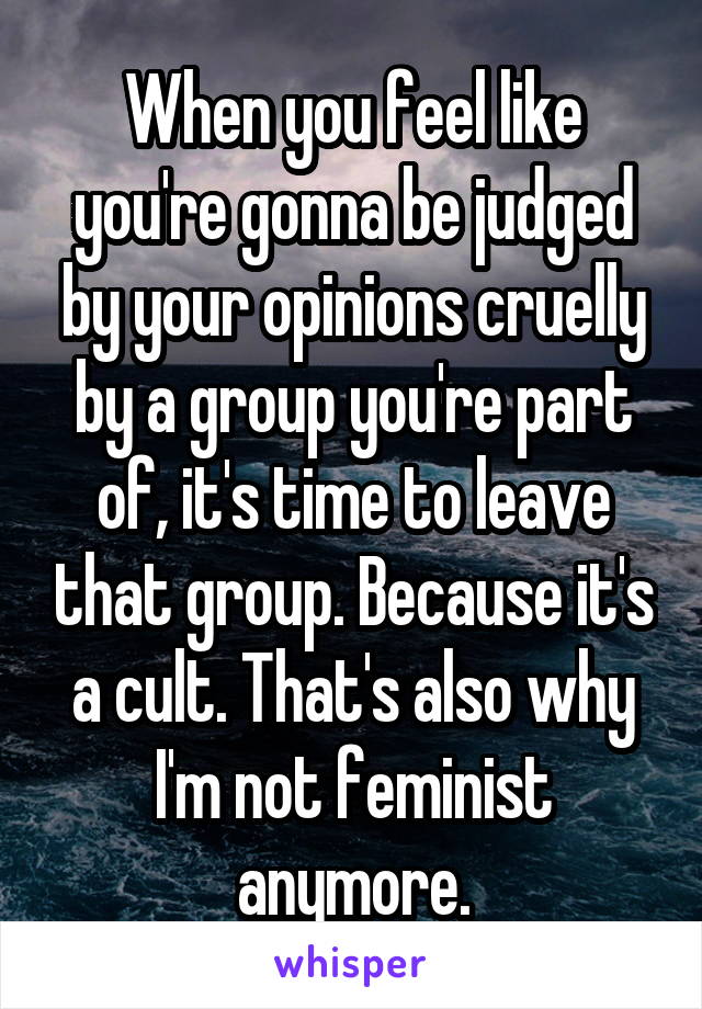 When you feel like you're gonna be judged by your opinions cruelly by a group you're part of, it's time to leave that group. Because it's a cult. That's also why I'm not feminist anymore.