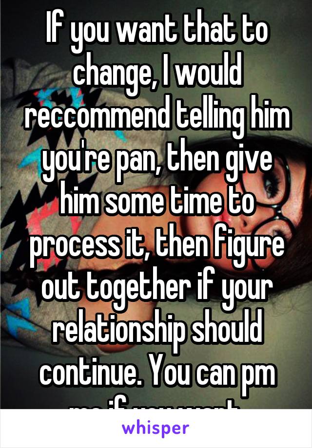 If you want that to change, I would reccommend telling him you're pan, then give him some time to process it, then figure out together if your relationship should continue. You can pm me if you want.