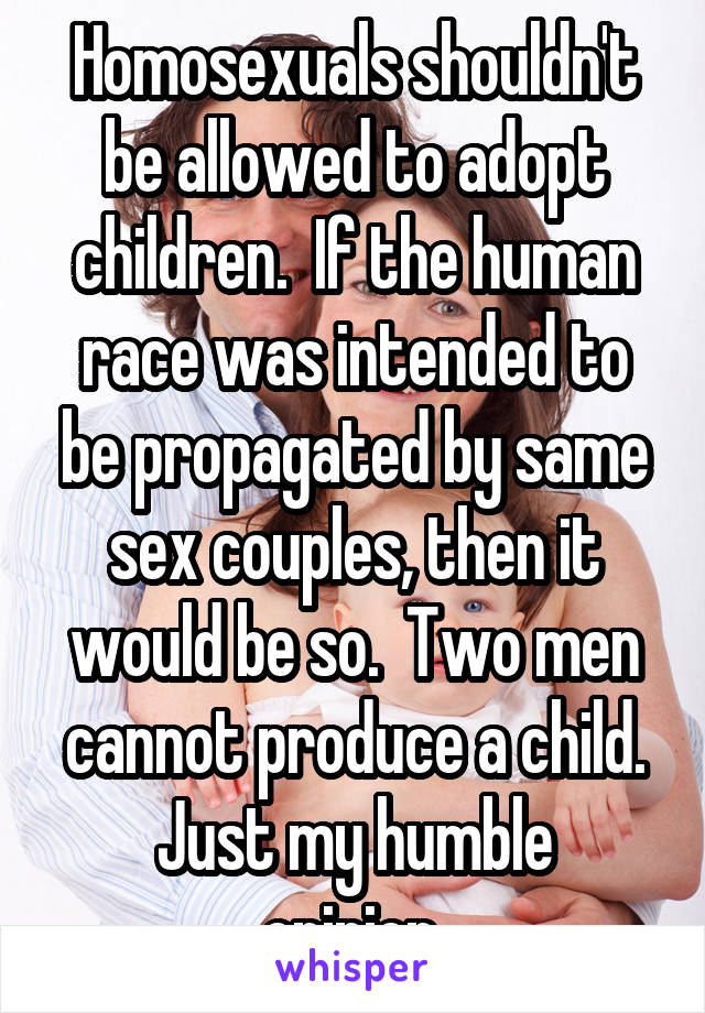 Homosexuals shouldn't be allowed to adopt children.  If the human race was intended to be propagated by same sex couples, then it would be so.  Two men cannot produce a child.
Just my humble opinion.