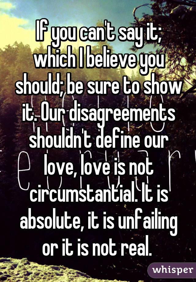 If you can't say it; which I believe you should; be sure to show it. Our disagreements shouldn't define our love, love is not circumstantial. It is absolute, it is unfailing or it is not real. 