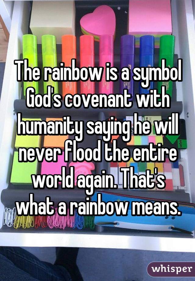 The rainbow is a symbol God's covenant with humanity saying he will never flood the entire world again. That's what a rainbow means.