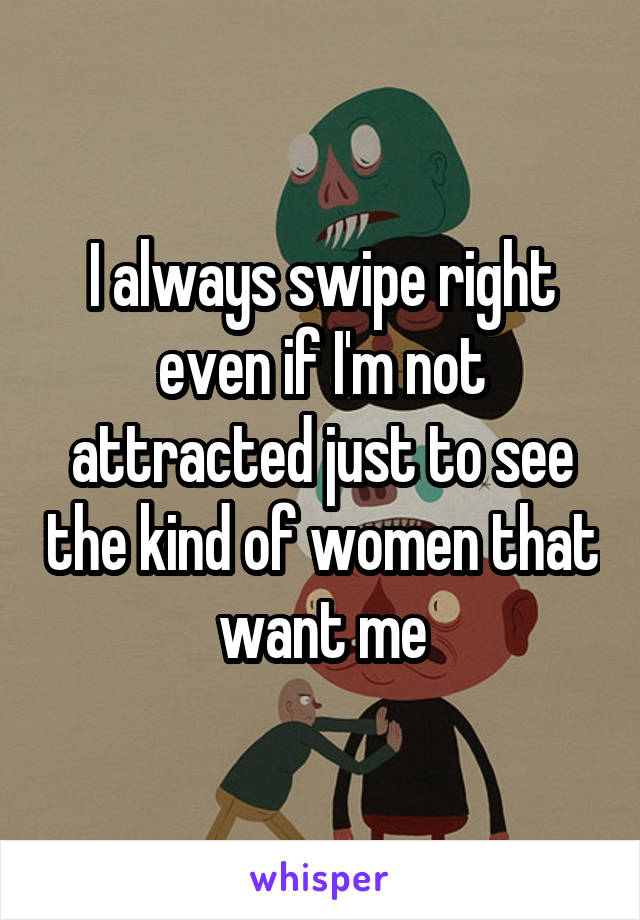 I always swipe right even if I'm not attracted just to see the kind of women that want me
