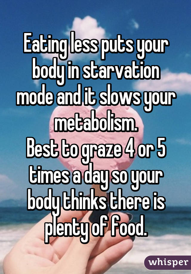 Eating less puts your body in starvation mode and it slows your metabolism.
Best to graze 4 or 5 times a day so your body thinks there is plenty of food.