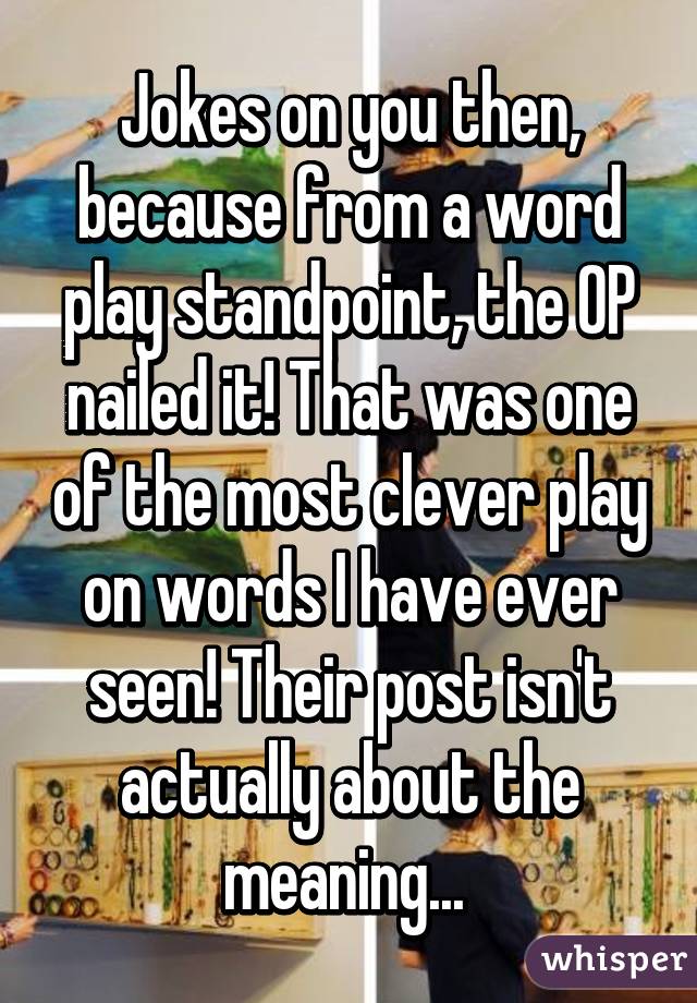 Jokes on you then, because from a word play standpoint, the OP nailed it! That was one of the most clever play on words I have ever seen! Their post isn't actually about the meaning... 