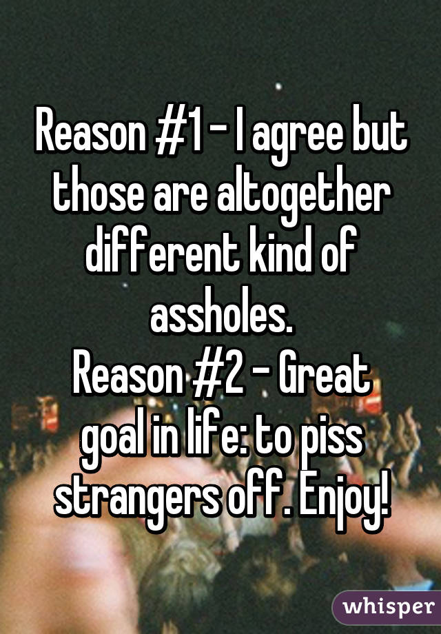 Reason #1 - I agree but those are altogether different kind of assholes.
Reason #2 - Great goal in life: to piss strangers off. Enjoy!