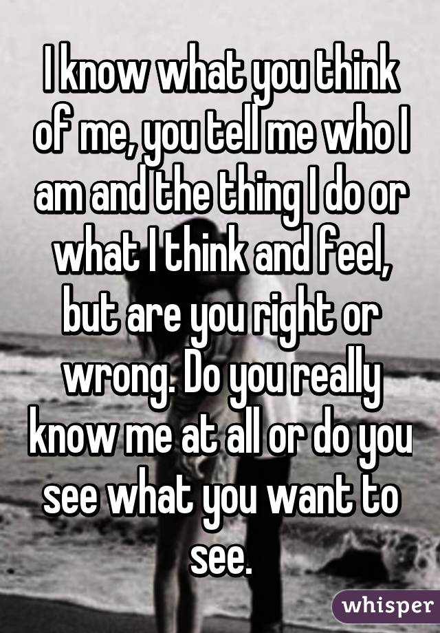 I know what you think of me, you tell me who I am and the thing I do or what I think and feel, but are you right or wrong. Do you really know me at all or do you see what you want to see.