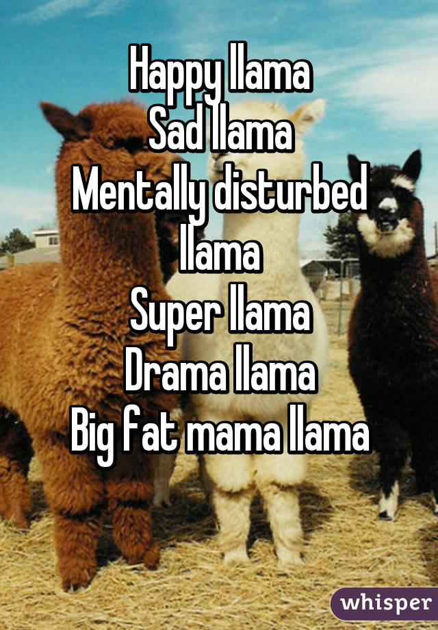 Happy llama
Sad llama
Mentally disturbed llama
Super llama
Drama llama
Big fat mama llama

