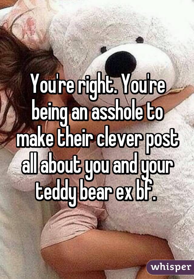 You're right. You're being an asshole to make their clever post all about you and your teddy bear ex bf. 