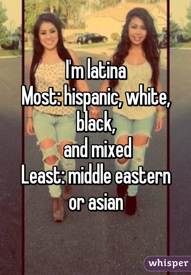 I'm latina
Most: hispanic, white, black,
 and mixed
Least: middle eastern or asian
