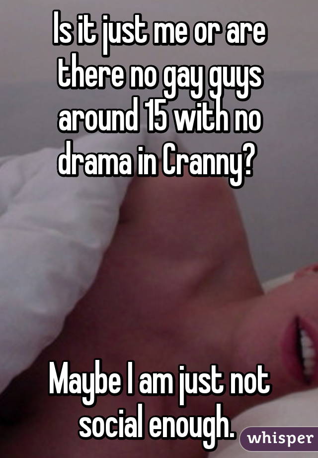 Is it just me or are there no gay guys around 15 with no drama in Cranny? 




Maybe I am just not social enough. 