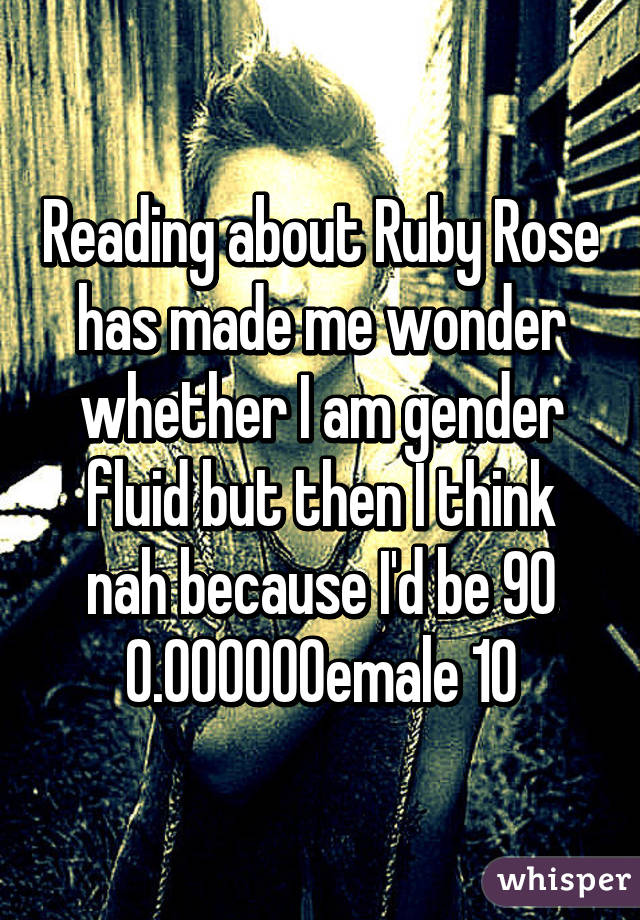 Reading about Ruby Rose has made me wonder whether I am gender fluid but then I think nah because I'd be 90% female 10% male at the very most 