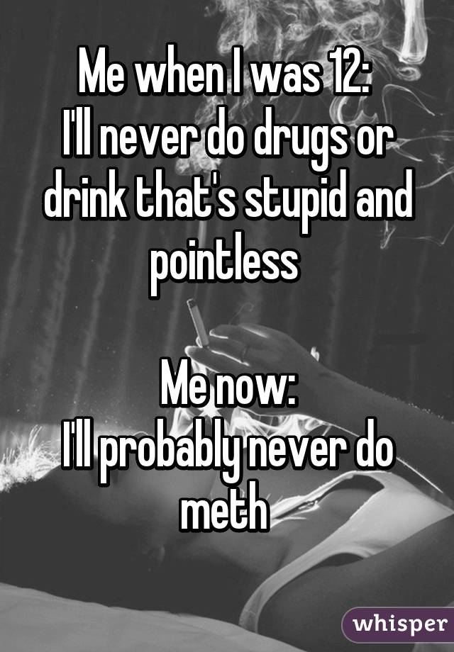 Me when I was 12: 
I'll never do drugs or drink that's stupid and pointless 

Me now:
I'll probably never do meth 
