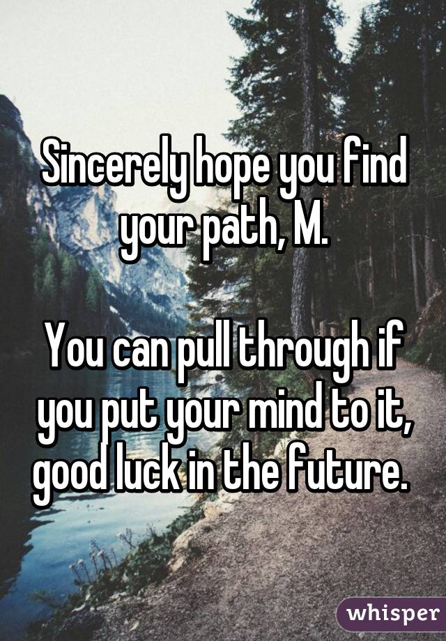 Sincerely hope you find your path, M.

You can pull through if you put your mind to it, good luck in the future. 