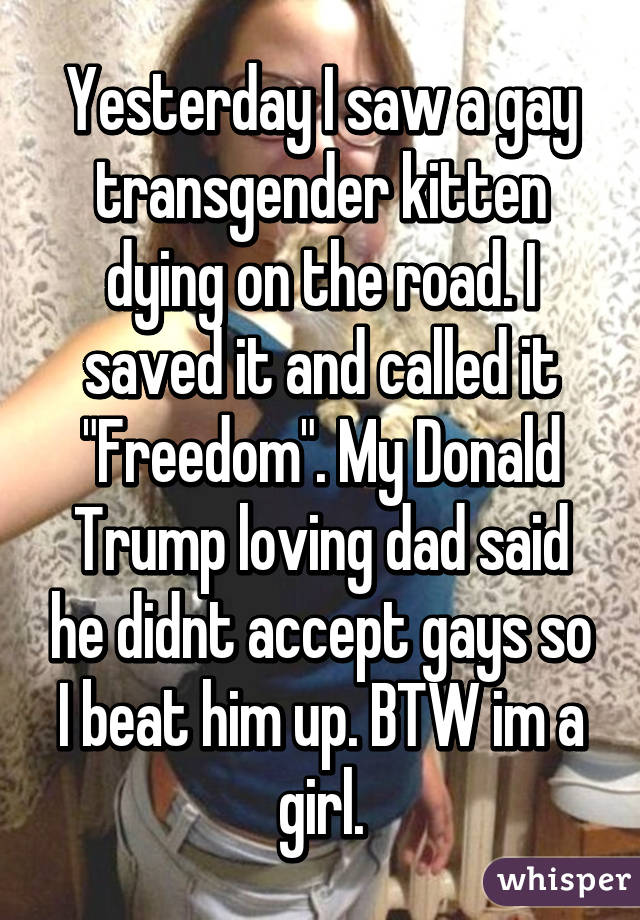 Yesterday I saw a gay transgender kitten dying on the road. I saved it and called it "Freedom". My Donald Trump loving dad said he didnt accept gays so I beat him up. BTW im a girl.