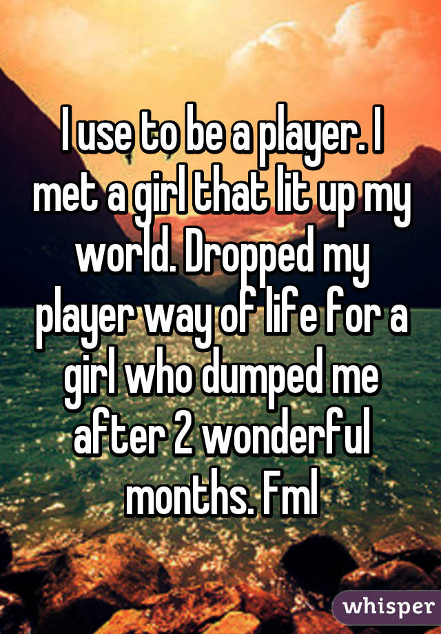 I use to be a player. I met a girl that lit up my world. Dropped my player way of life for a girl who dumped me after 2 wonderful months. Fml