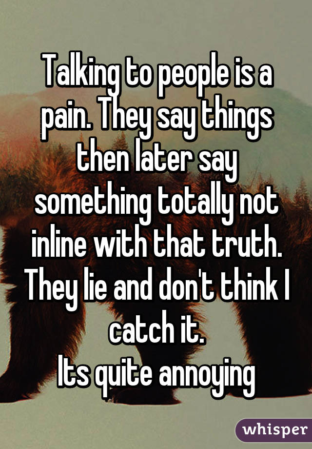 Talking to people is a pain. They say things then later say something totally not inline with that truth. They lie and don't think I catch it.
Its quite annoying