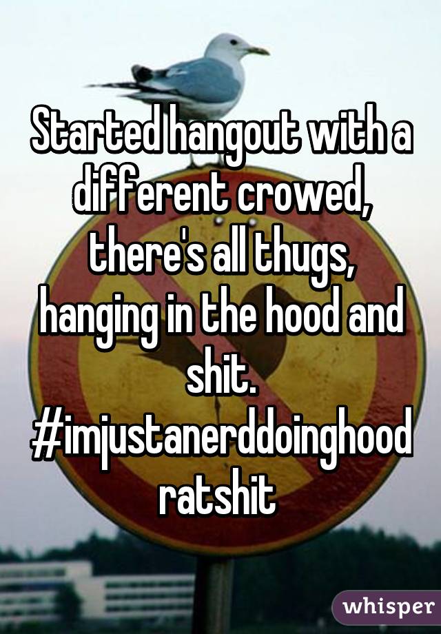 Started hangout with a different crowed, there's all thugs, hanging in the hood and shit. #imjustanerddoinghoodratshit 