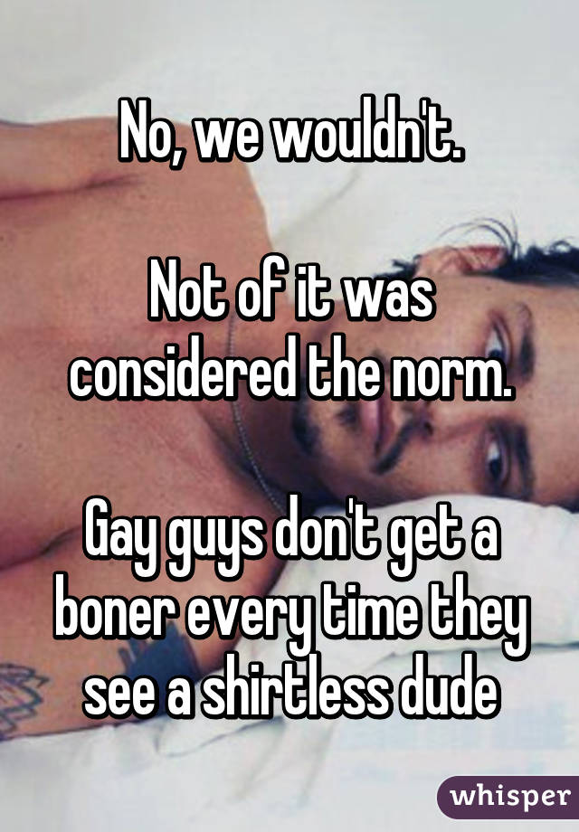No, we wouldn't.

Not of it was considered the norm.

Gay guys don't get a boner every time they see a shirtless dude