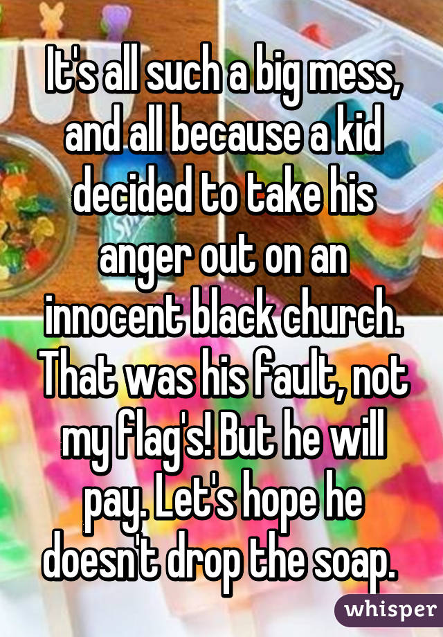 It's all such a big mess, and all because a kid decided to take his anger out on an innocent black church. That was his fault, not my flag's! But he will pay. Let's hope he doesn't drop the soap. 