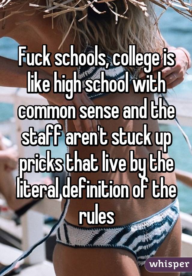Fuck schools, college is like high school with common sense and the staff aren't stuck up pricks that live by the literal definition of the rules