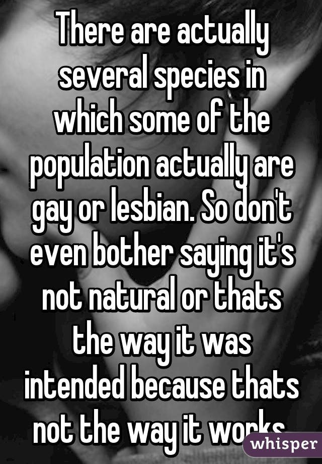 There are actually several species in which some of the population actually are gay or lesbian. So don't even bother saying it's not natural or thats the way it was intended because thats not the way it works.