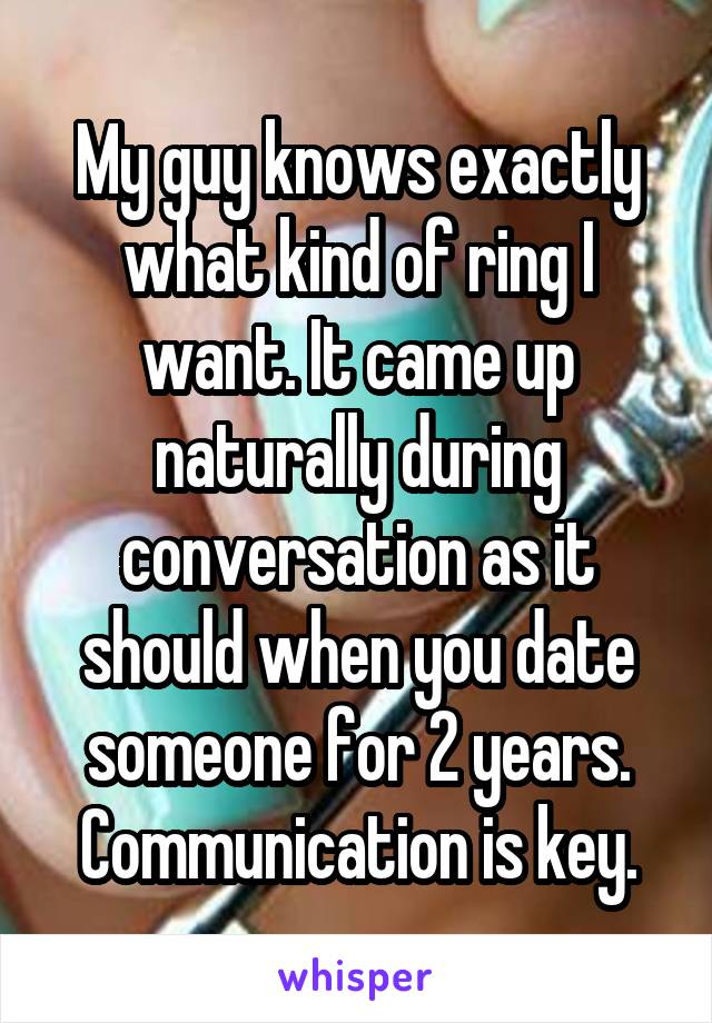 My guy knows exactly what kind of ring I want. It came up naturally during conversation as it should when you date someone for 2 years. Communication is key.