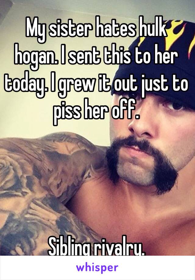 My sister hates hulk hogan. I sent this to her today. I grew it out just to piss her off.




Sibling rivalry.