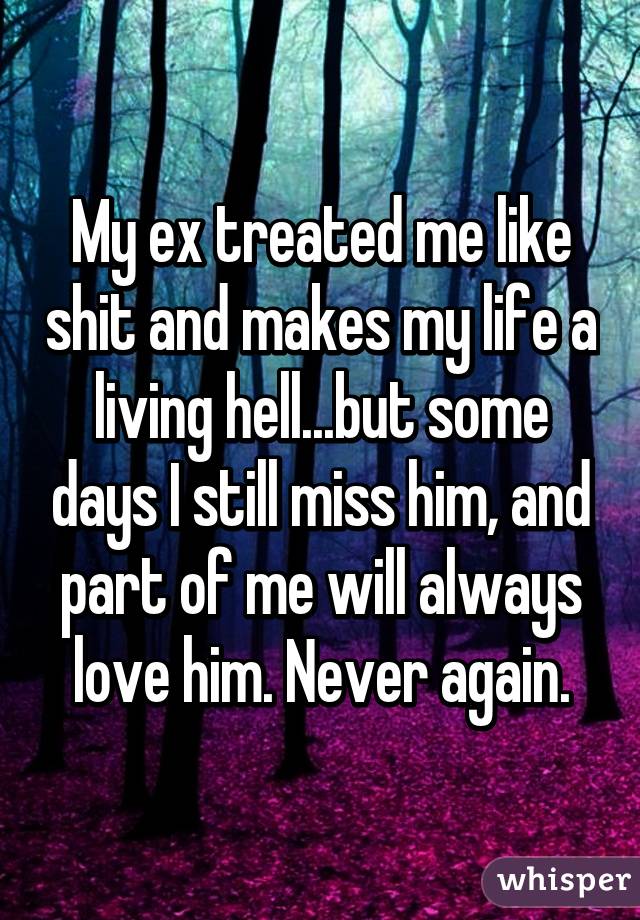 My ex treated me like shit and makes my life a living hell...but some days I still miss him, and part of me will always love him. Never again.