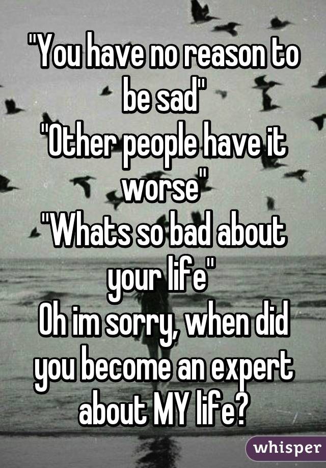 "You have no reason to be sad"
"Other people have it worse"
"Whats so bad about your life" 
Oh im sorry, when did you become an expert about MY life?