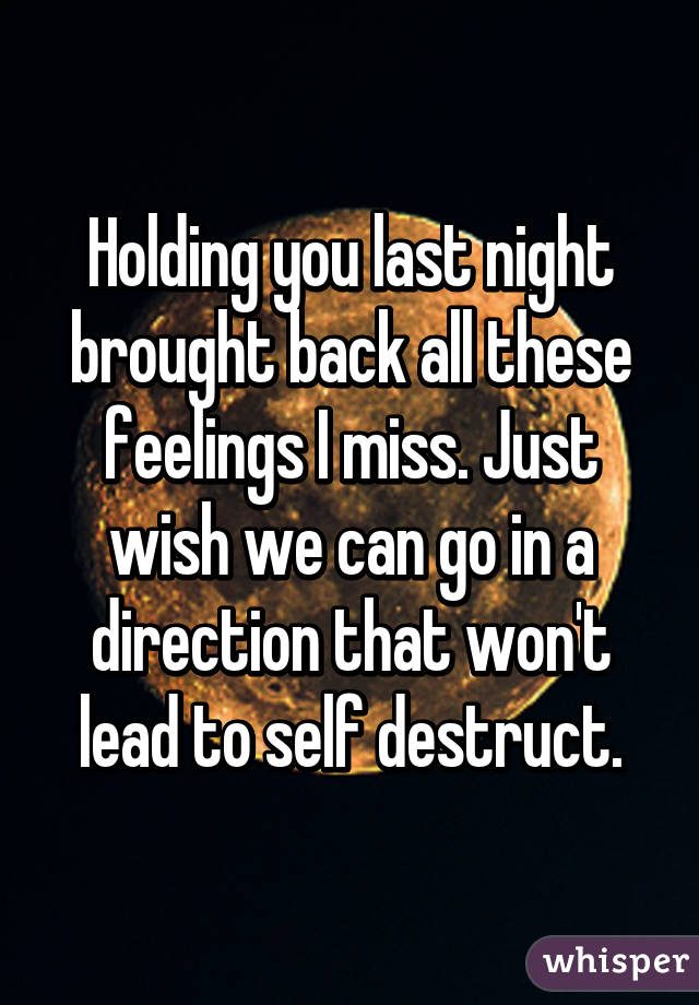 Holding you last night brought back all these feelings I miss. Just wish we can go in a direction that won't lead to self destruct.