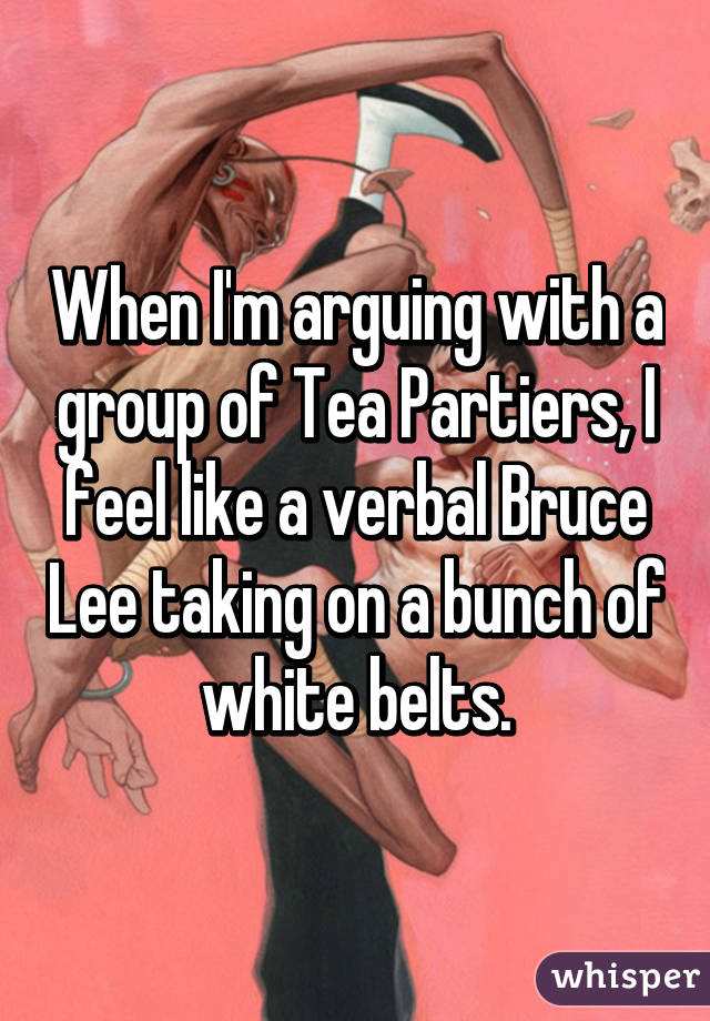 When I'm arguing with a group of Tea Partiers, I feel like a verbal Bruce Lee taking on a bunch of white belts.