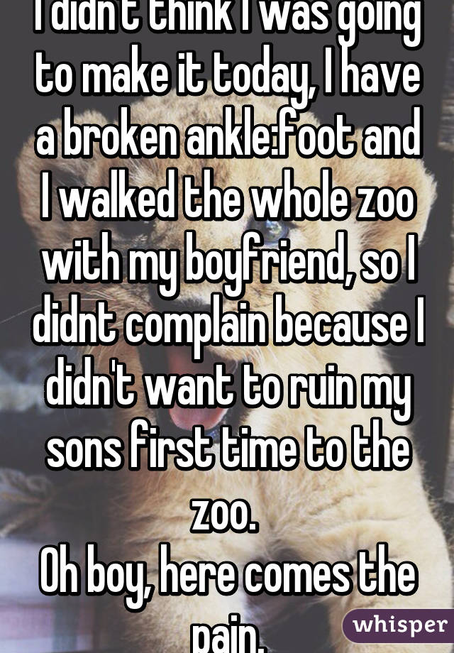 I didn't think I was going to make it today, I have a broken ankle:foot and I walked the whole zoo with my boyfriend, so I didnt complain because I didn't want to ruin my sons first time to the zoo. 
Oh boy, here comes the pain.